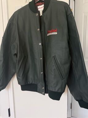 RareVintage Disney Men's Dark Green Leather Bomber Jacket with  Embroidered Logo